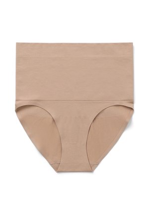 Mutande beige a vita alta realizzate in un morbido e elastico tessuto. Presentano bordi lisci e un design senza cuciture per un maggiore comfort.