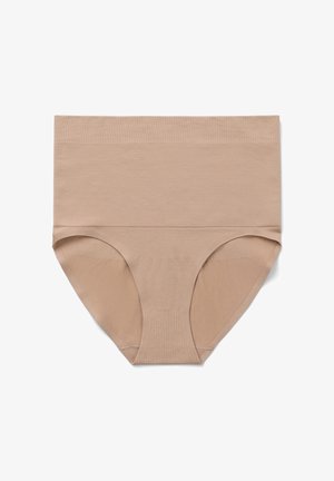 Mutande beige a vita alta realizzate in un morbido e elastico tessuto. Presentano bordi lisci e un design senza cuciture per un maggiore comfort.