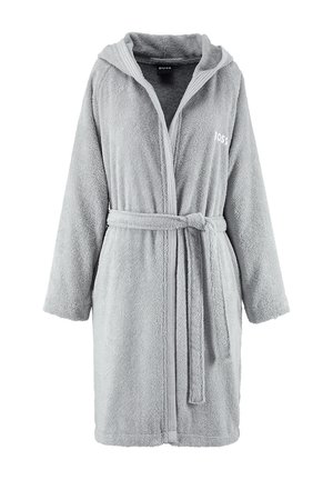 Peignoir à capuche gris clair avec manches longues, ceinture nouée à l'avant et logo "BOSS" sur la poitrine, fabriqué en tissu éponge doux.