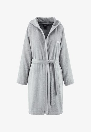 Accappatoio con cappuccio grigio chiaro, maniche lunghe, cintura frontale annodata e logo "BOSS" sul petto, realizzato in morbido tessuto spugna.