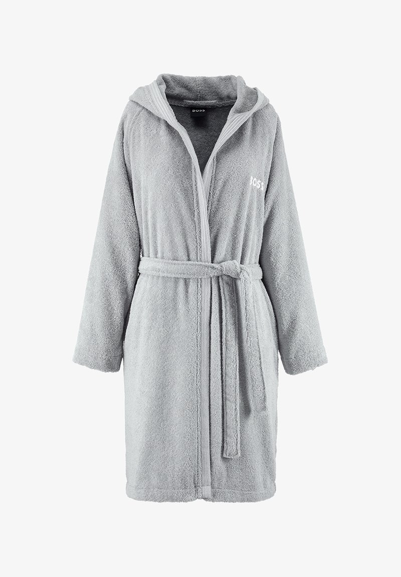 Peignoir à capuche gris clair avec manches longues, ceinture nouée à l'avant et logo "BOSS" sur la poitrine, fabriqué en tissu éponge doux.