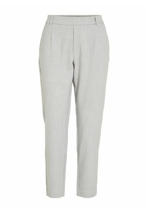Pantalons ajustés gris clair en tissu texturé, dotés d'une taille cintrée, de jambes fuselées et de plis avant pour un détail supplémentaire.