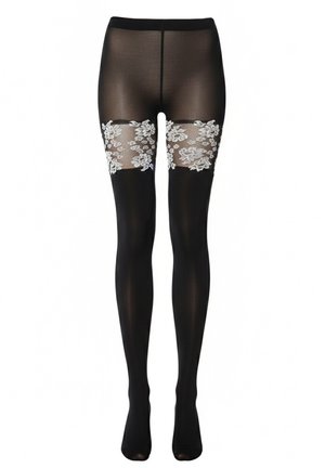Collants noirs transparents avec des détails en dentelle florale blanche autour des mi-cuisse, s'étendant de la taille jusqu'aux orteils.