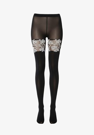 Collants noirs transparents avec des détails en dentelle florale blanche autour des mi-cuisse, s'étendant de la taille jusqu'aux orteils.