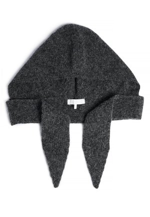 Grey knitted hat with a triangular design, featuring two elongated ends. Made from soft, textured material with minimalistic branding.