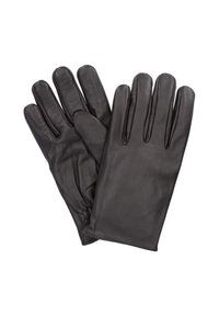 Czarne skórzane rękawiczki, pięcioramienne, gładka faktura i elastyczne ściągacze przy nadgarstku dla doskonałego dopasowania. Prosty, klasyczny design.