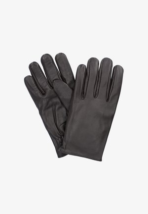 Czarne skórzane rękawiczki, pięcioramienne, gładka faktura i elastyczne ściągacze przy nadgarstku dla doskonałego dopasowania. Prosty, klasyczny design.
