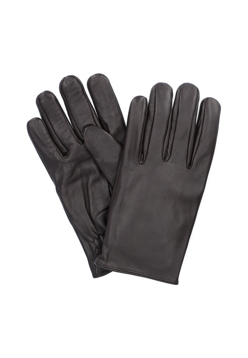 Czarne skórzane rękawiczki, pięcioramienne, gładka faktura i elastyczne ściągacze przy nadgarstku dla doskonałego dopasowania. Prosty, klasyczny design.