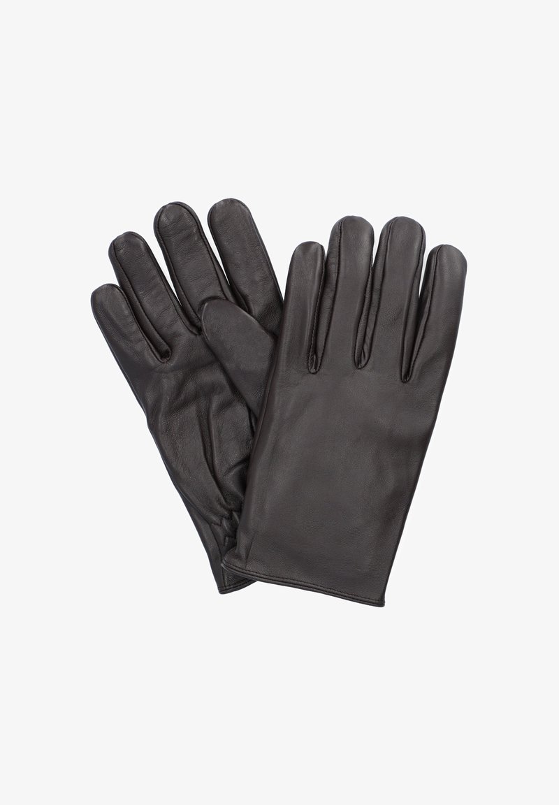 Czarne skórzane rękawiczki, pięcioramienne, gładka faktura i elastyczne ściągacze przy nadgarstku dla doskonałego dopasowania. Prosty, klasyczny design.