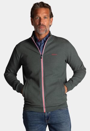 Donkergroene ritshoodie met rode en witte accenten, zijzakken en geribbelde mouwen. Gladde textuur, casual pasvorm en geen patronen.