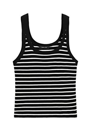 Top a righe bianche e nere realizzato in tessuto a costine, con scollo rotondo e spalline larghe, con un'etichetta interna che recita "Massimo Dutti."
