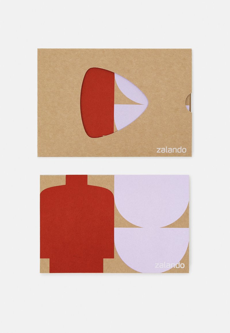 Emballage en carton présentant des découpes géométriques en formes rouges et lavandes, avec un design minimaliste et la marque "zalando" dans le coin.