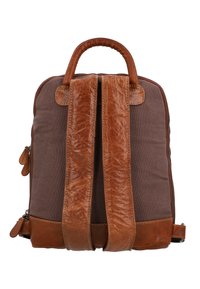 Brown fabric backpack with leather accents, dual top handles, and adjustable straps. Features a smooth texture and zippered closure.