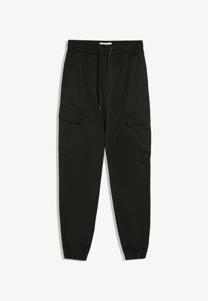 Schwarze Cargo-Jogger-Hose mit elastischem Bund, schwarzen Kordeln, seitlichen Klappentaschen und elastischen Bündchen.