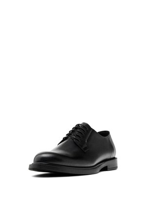 Schwarze Leder-Oxford-Schuhe mit glatter Oberfläche, runder Zehenform und Schnürung mit fünf Ösen. Lebendige Textur und flache Gummisohle.