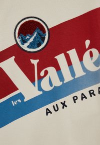 En beige tygbakgrund står det stora vita bokstäver "Valley". Röda och blå ränder korsar designen, med en broderad cirkulär bergslogotyp.