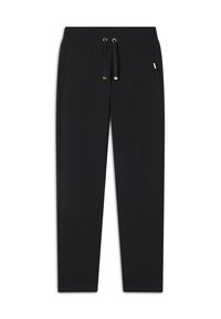 Pantalones de chándal negros hechos de tela suave, con una cinturilla elástica con cordones negros y acentos metálicos dorados, incluye bolsillos laterales.