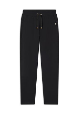 Pantaloni della tuta neri in tessuto morbido, con vita elastica e lacci nere, dettagli in metallo dorato, dotati di tasche laterali.