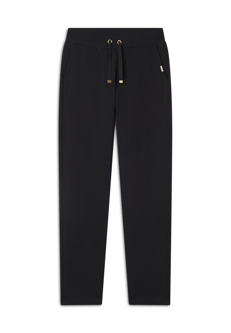 Pantalones de chándal negros hechos de tela suave, con una cinturilla elástica con cordones negros y acentos metálicos dorados, incluye bolsillos laterales.