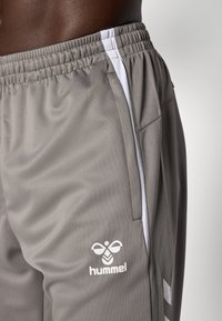 Grijze sportshorts met een elastische tailleband, witte zijstrepen en een Hummel-logo in het wit op de voorkant gedrukt. Gladde textuur.