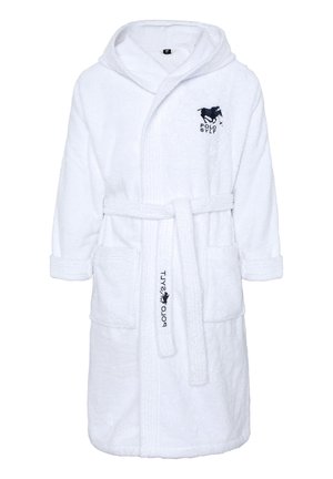 White terry cotton bathrobe with a hood, long sleeves, two front pockets, and a belt; features a blue embroidered logo on the chest.