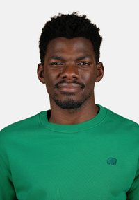 Felpa verde con colletto e polsini a costine. Presenta un piccolo logo di elefante blu sul petto. Realizzata in un tessuto liscio e texturizzato.