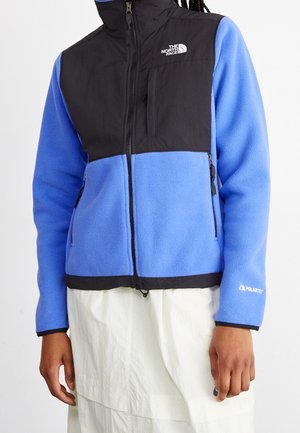 Blå og sort fleecejakke med lynlås med The North Face-logo på brystet og Polartec-logo på ærmet, båret over et hvidt skørt.