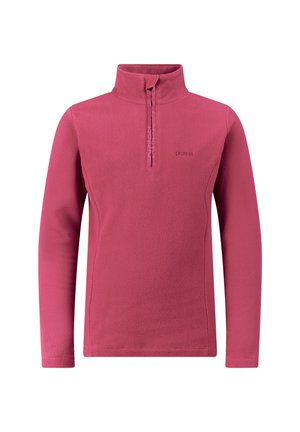 Roze fleece pullover met lange mouwen, korte rits en hoge kraag, met het "protest" logo op de borst en ritsgebied.
