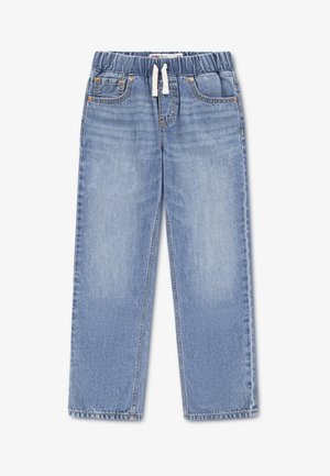 Jeans in denim azzurro chiaro con vestibilità comoda, vita elasticizzata e coulisse. Presentano tasche frontali e dettagli di cuciture minimaliste.