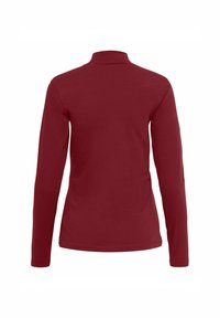 Maglietta a maniche lunghe in un profondo color bordeaux, realizzata in un tessuto liscio con un design aderente. Collo alto, texture uniforme, senza fantasie o decorazioni.