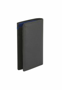 Portafoglio in pelle nera dal design slim, con tasche per carte e una fodera blu a contrasto. Cuciture decorative lungo i bordi.