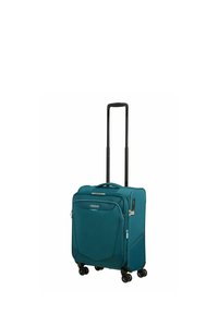 Valigia a mano morbida color verde acqua con quattro ruote girevoli, manico telescopico, tasca frontale con zip e lucchetto a combinazione integrato.
