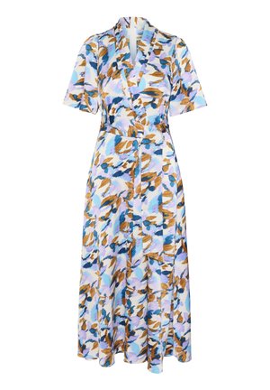 Maxi wrap dress featuring short sleeves, a belted waist, and a colorful abstract pattern in blue, orange, and lavender on a light background.
