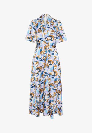 Maksimāls apģērbs ar īsām piedurknēm, jostu viduklī un krāsainu abstraktu rakstu zilā, oranžā un lavandas krāsā uz gaiša fona.