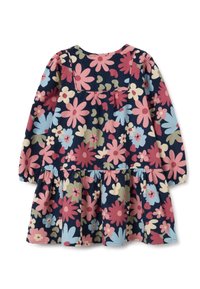 Blumenkleid mit langen Ärmeln, marineblauem Hintergrund und bunten Blumen in Rosa, Grün und Blau. Stufenrock und gerüschte Ärmel.