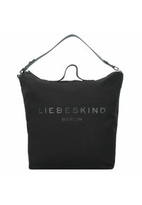 Czarna torba tote Liebeskind Berlin z pojedynczym paskiem na ramię i centralnym uchwytem, na białym tle.