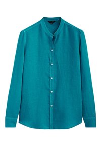 Turkos knäppskjorta med bandkrage, långa ärmar och slät textur. Knapparna fram och vid manschetterna är vita.