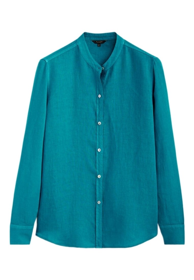 Turkos knäppskjorta med bandkrage, långa ärmar och slät textur. Knapparna fram och vid manschetterna är vita.