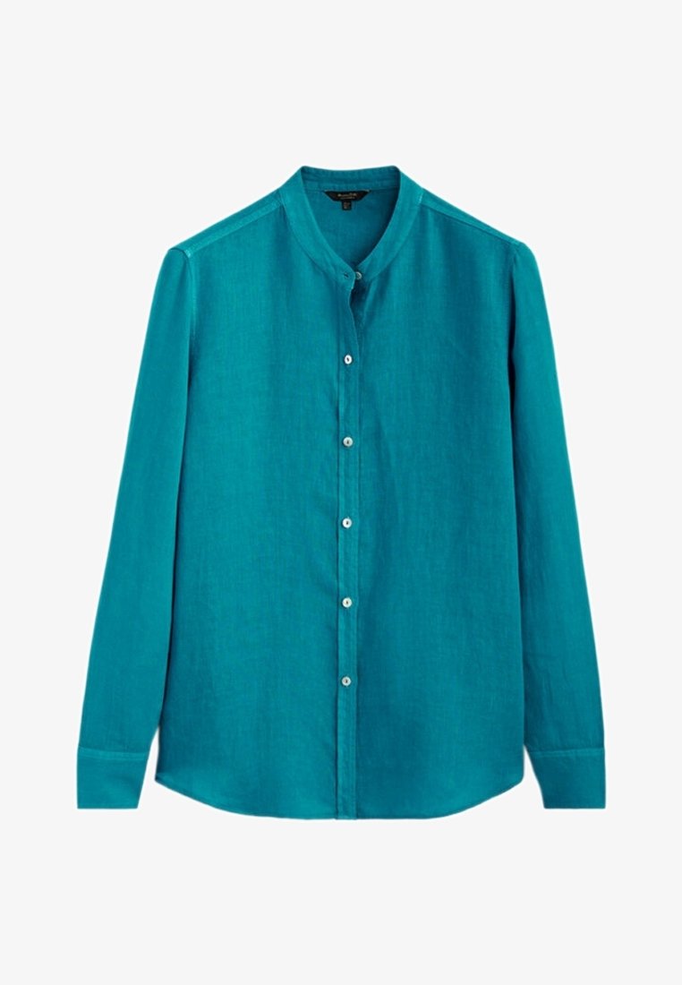 Turkos knäppskjorta med bandkrage, långa ärmar och slät textur. Knapparna fram och vid manschetterna är vita.