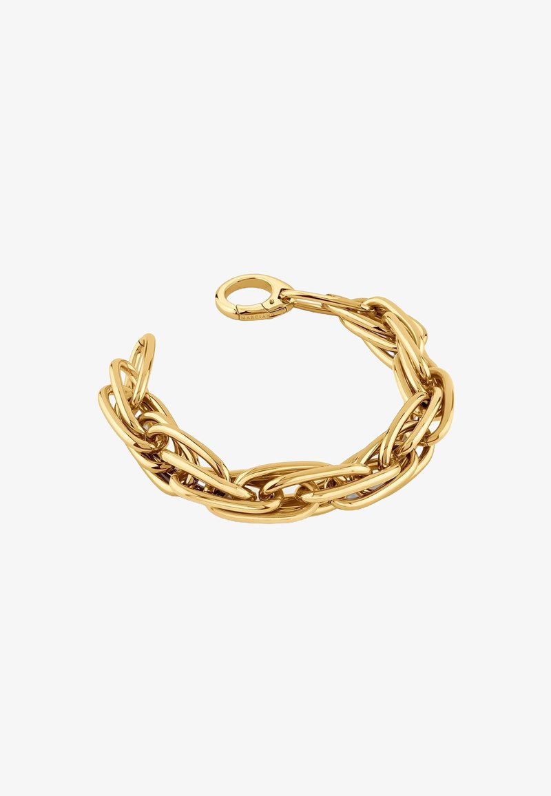 Gold-tone metal chain bracelet featuring interlinked oval links and a round clasp, displaying a smooth, shiny surface and a polished finish.