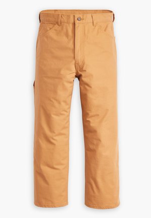 Tan work pants made of sturdy cotton fabric. Features a button closure, belt loops, and side pockets for functionality. Regular fit.