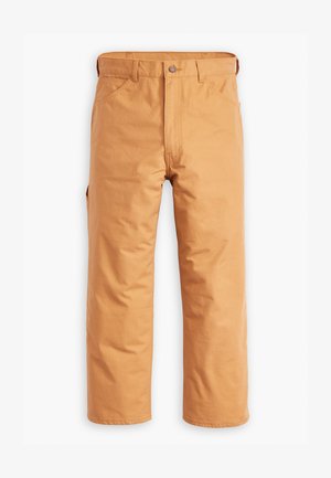 Tumedast kangast tööpüksid. Omavad nööbiga kinnitamist, vööde kinnitamise silmuseid ja küljetaskuid, et pakkuda funktsionaalsust. Tavaline lõige.