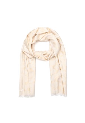 Vaalean beige huivi, jossa on hillitty pyöreä kuvio, valmistettu pehmeästä kankaasta, viimeistelty fringed-reunoilla tekstuurin ja yksityiskohtien vuoksi.