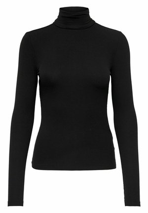 Black long-sleeve turtleneck top made from ribbed fabric; fitted design with a high neck, smooth texture, and no visible patterns or accents.