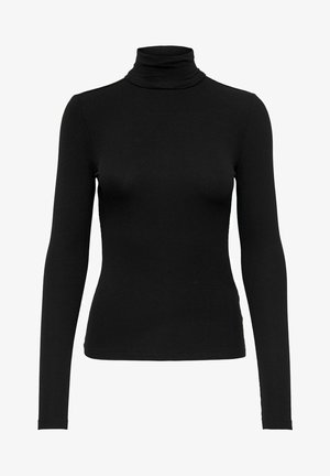 Schwarzes langärmliges Rollkragenoberteil aus geripptem Stoff; taillierte Passform mit hohem Kragen, glatter Textur und ohne sichtbare Muster oder Akzente.
