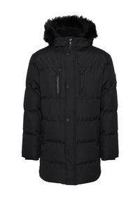 Czarna kurtka puchowa z kapturem wykończonym futrem, z dwoma zamykanymi na zamek kieszeniami na piersiach, zatrzaskami oraz pikowanym wzorem.