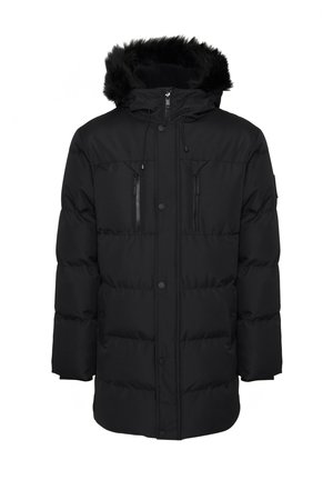 Zwarte pufferjas met een bonttrimmed capuchon, voorzien van twee ritszakken op de borst, drukknoopsluitingen en een gestikt ontwerp.