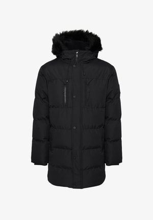 Giacca a vento nera con cappuccio bordato in pelliccia, dotata di due tasche sul petto con zip, bottoni a pressione e un design trapuntato.