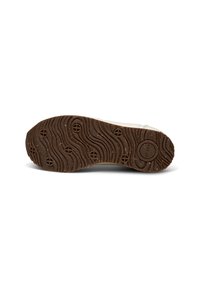 Semelle de chaussure en caoutchouc brun avec un motif ondulé et des accents circulaires, ainsi qu'un logo circulaire portant l'inscription "WOODEN". Design épuré avec une texture antidérapante.