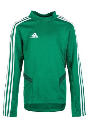 Grünes langärmliges Sportoberteil mit hohem Kragen, ausgestattet mit drei weißen Streifen an jedem Ärmel und vorderen Taschen. Adidas-Logo in Weiß.